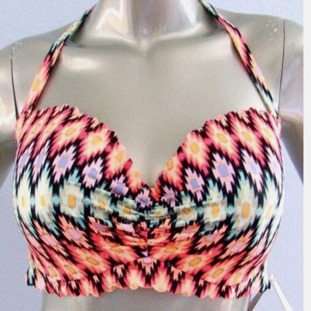 Victorias Secret New Warm Ikat Foil Scalloped The Getaway Halter Bikini Top 32C